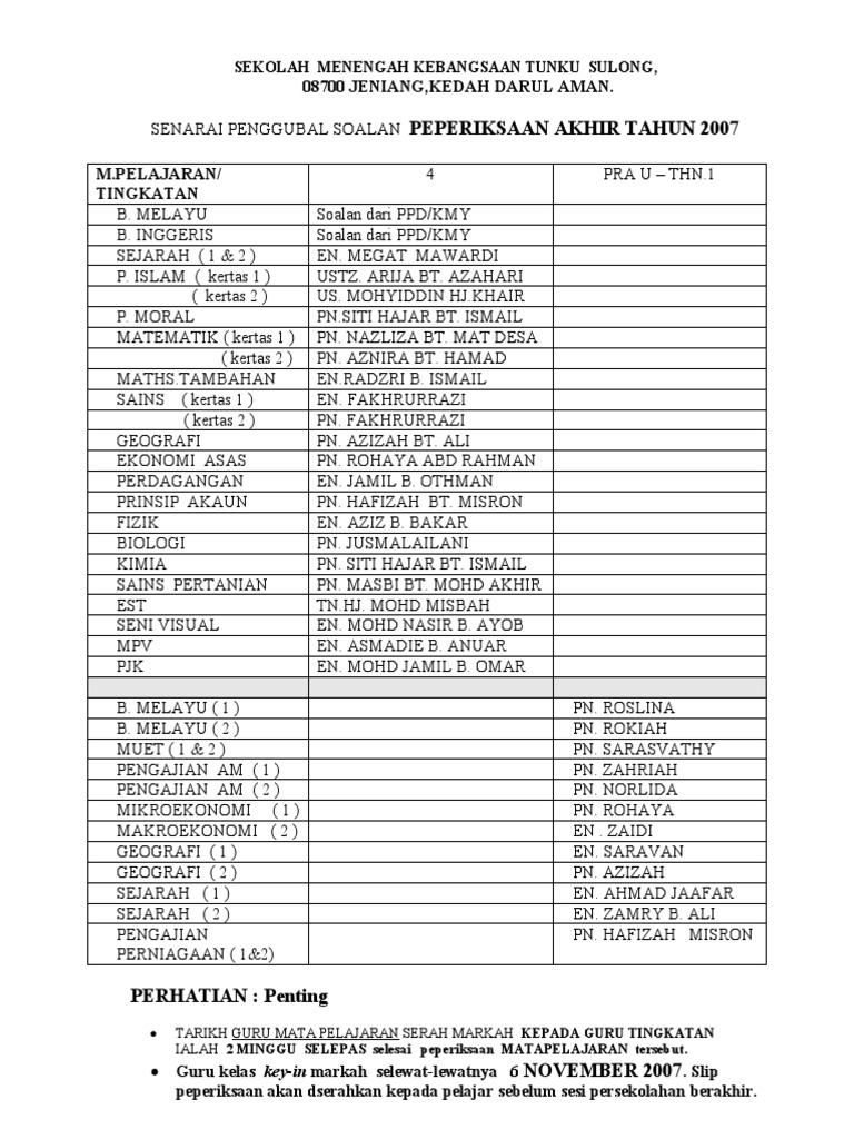 Jadual Exam 2007 Pdf