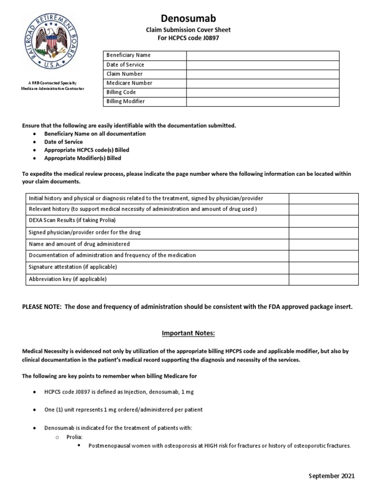 Denosumab Claim Submission Cover Sheet For HCPCS Code J0897 PDF