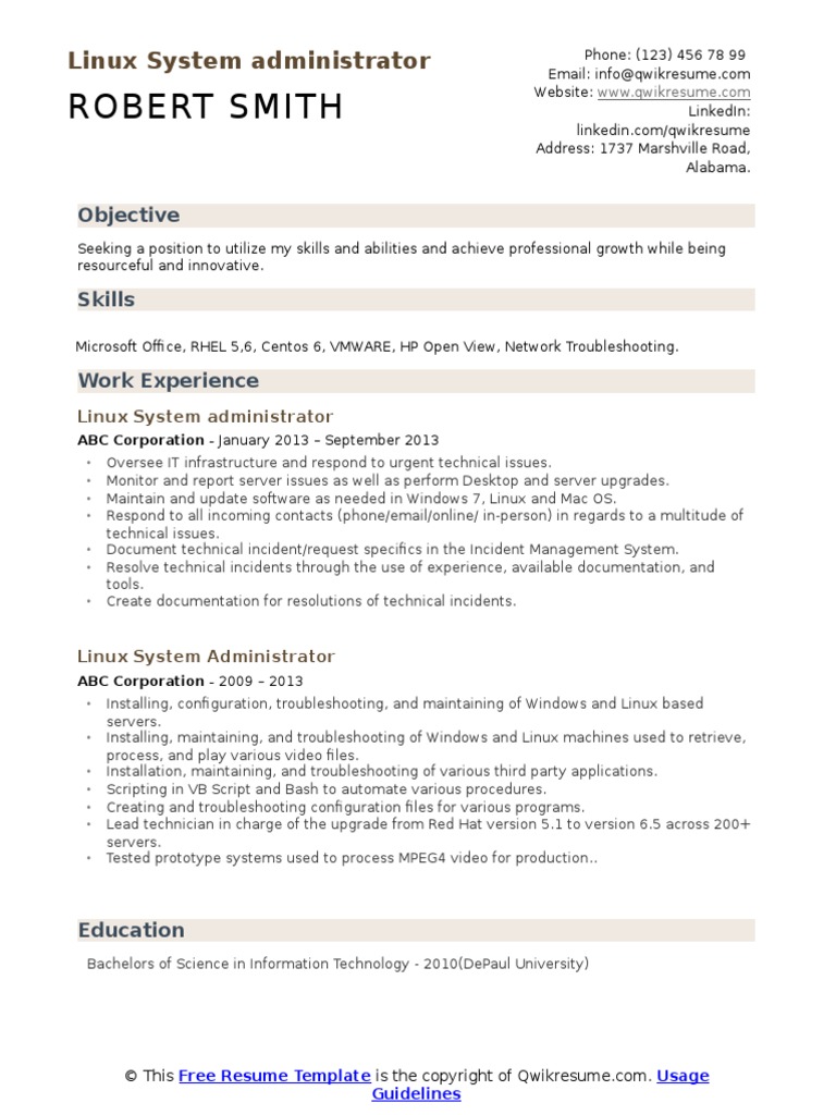 Linux System Administrator Resume | PDF | Linux | Microsoft Windows