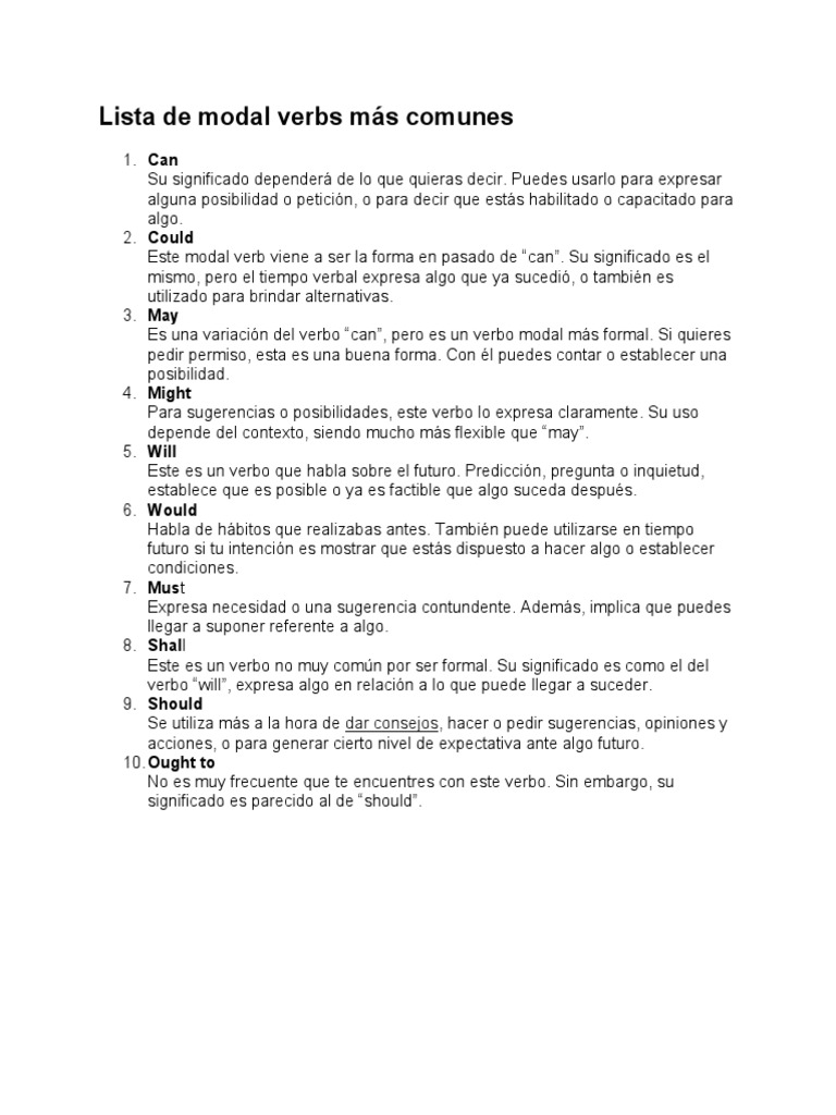 Lista de verbos modales en inglés | PDF | Verbo