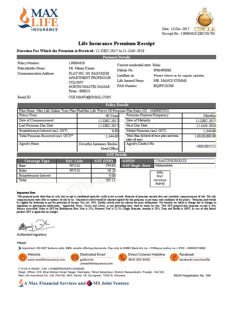 Life Insurance Premium Receipt | PDF | Insurance | Life Insurance