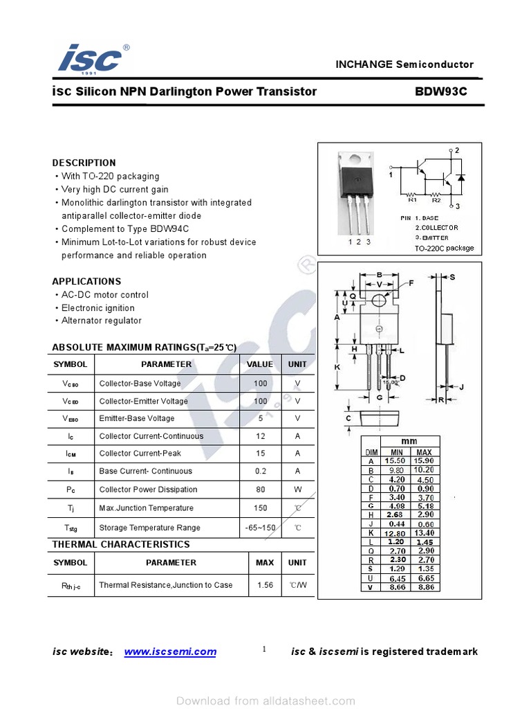 Silicon NPN Darlington Power Transistor BDW93C Description PDF