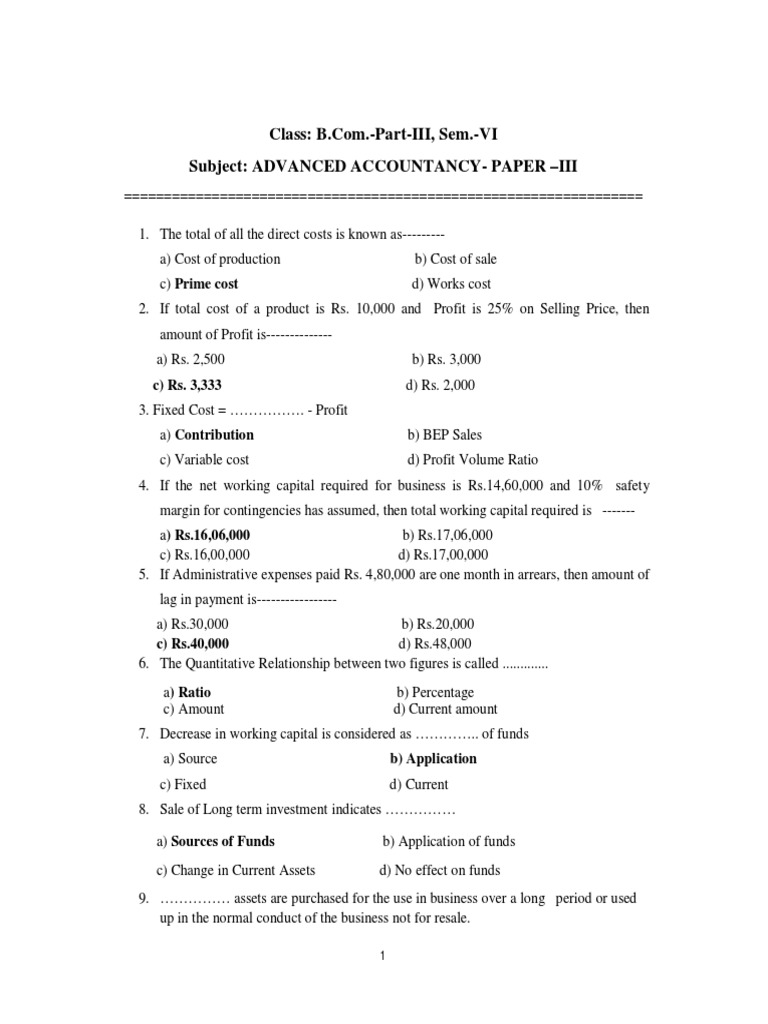 Advanced Accountancy Paper III SEM-VI | PDF | Working Capital | Cost