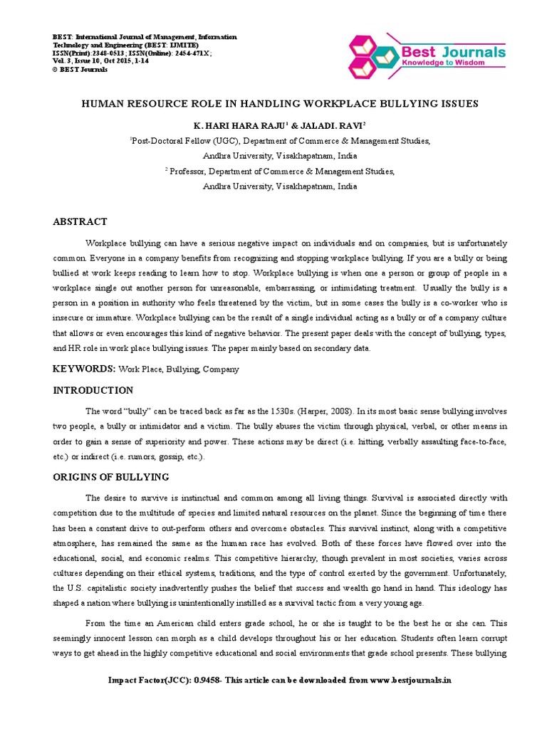 Article - The Role of HR in Handling Workplace Bullying | PDF ...