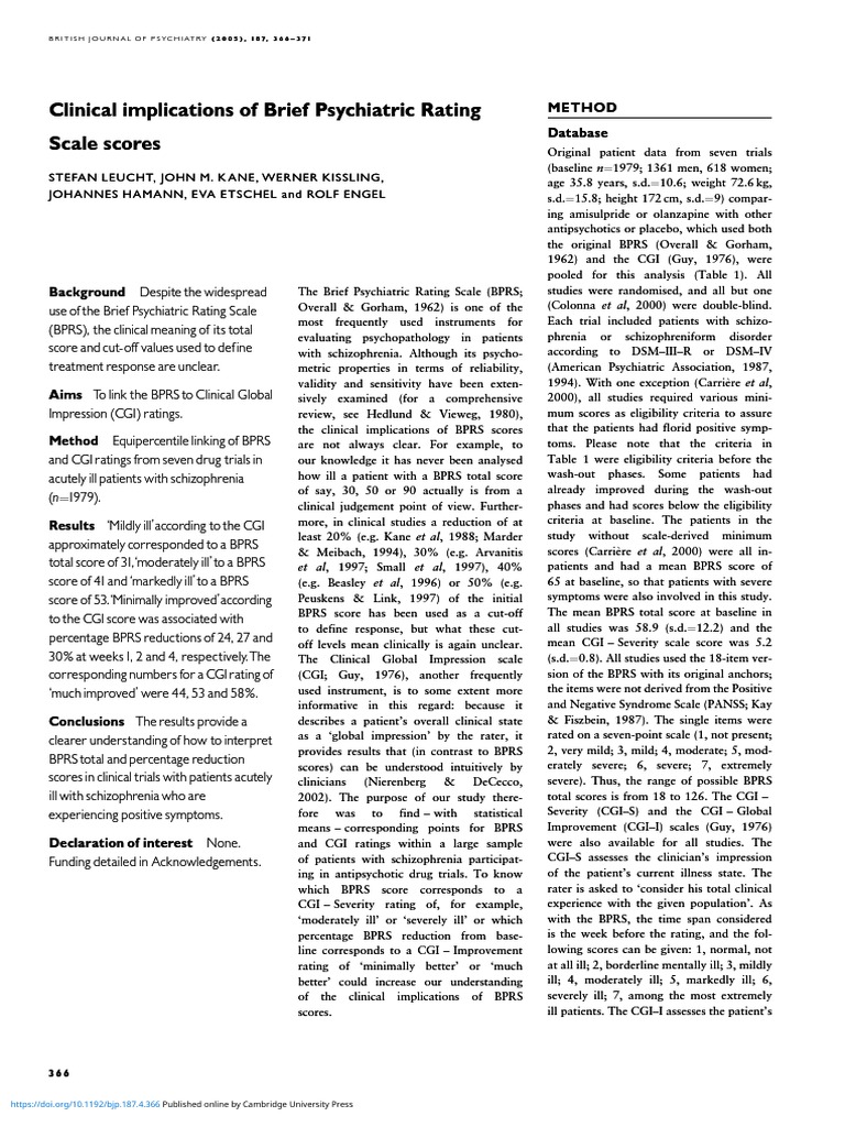 Clinical Implications of Brief Psychiatric Rating Scale Scores | PDF ...