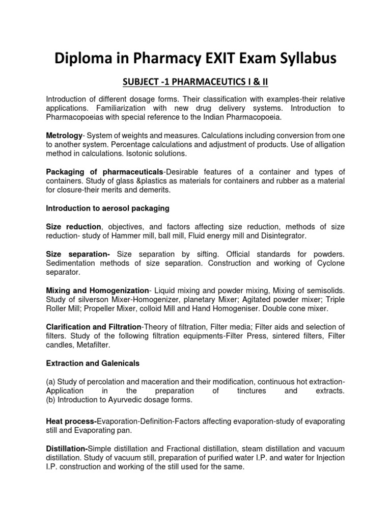 Diploma in Pharmacy EXIT Exam Syllabus | PDF