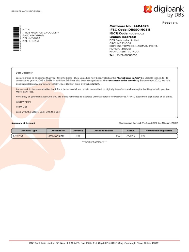 DBS Bank Branch Details: DBSS0IN0811 | PDF | Banking | Financial Services