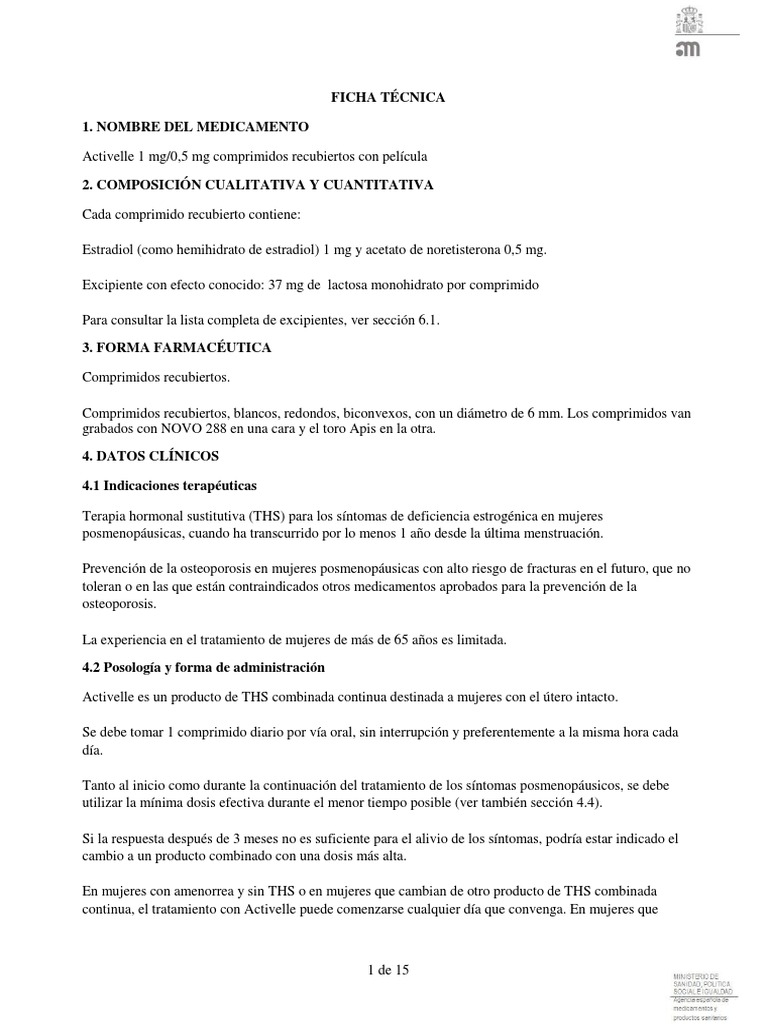 Activelle: Ficha Técnica y Usos | PDF | Estradiol | Química