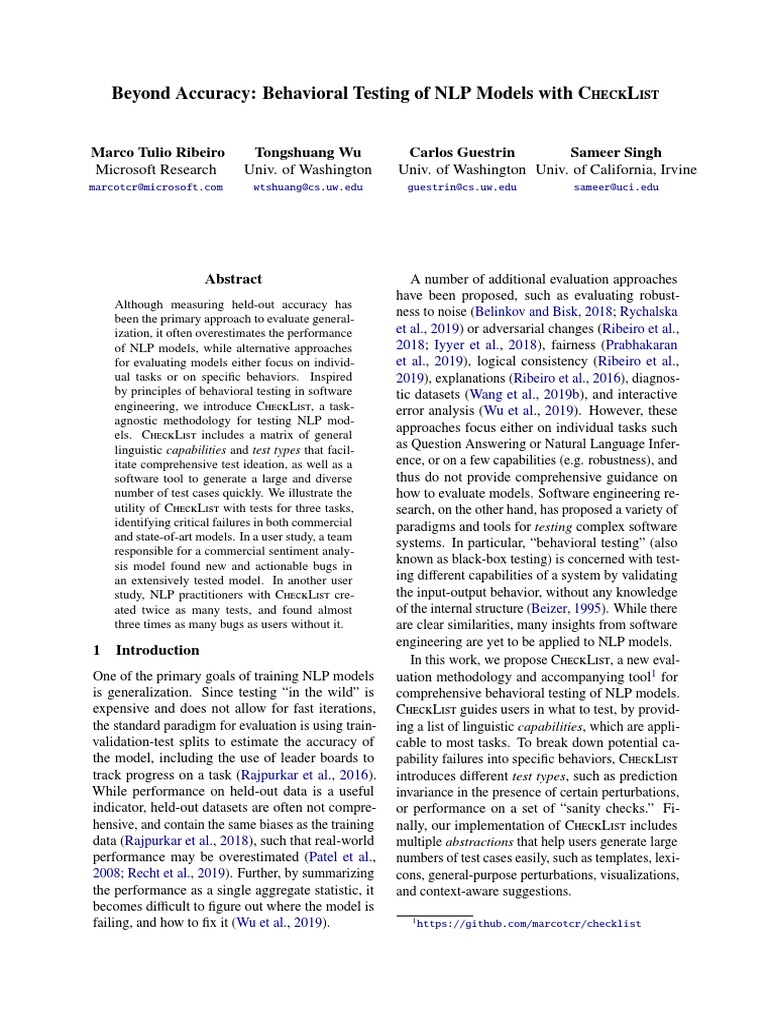 Beyond Accuracy: Behavioral Testing of NLP Models With Checklist | PDF ...