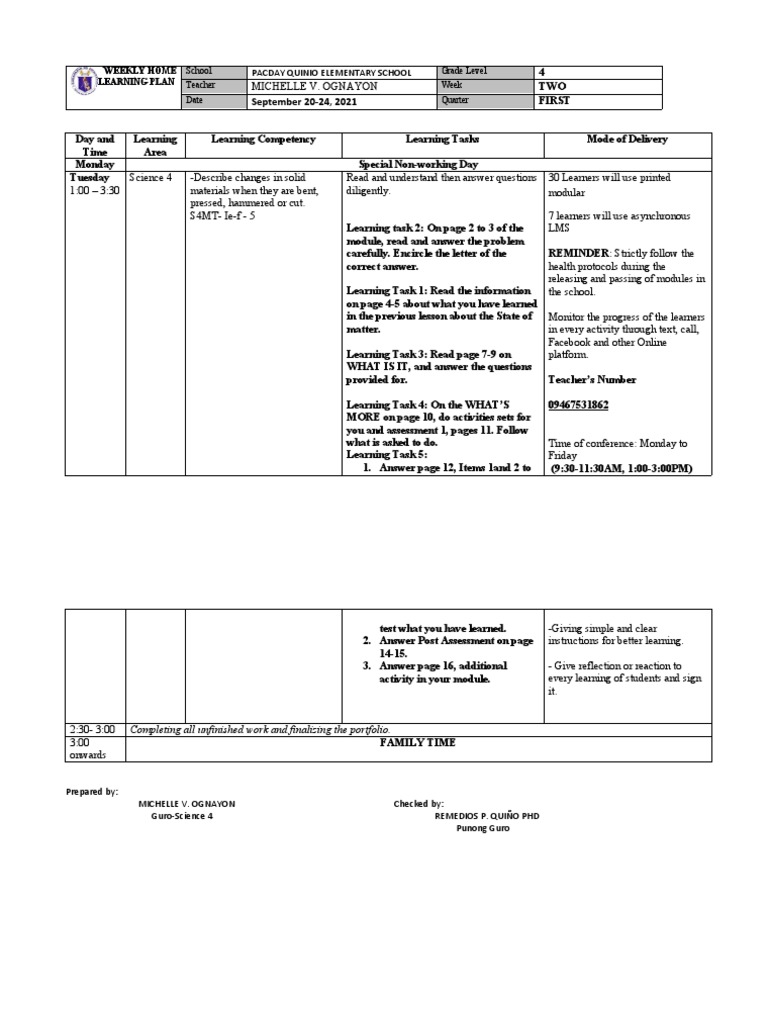 Grade 4 Weekly Learning Plan: Science | PDF | Learning | Education Theory