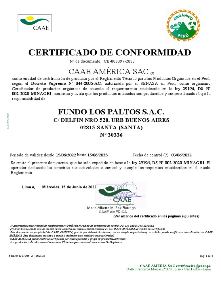 Certificación Orgánica CAAE Perú 2022 | PDF