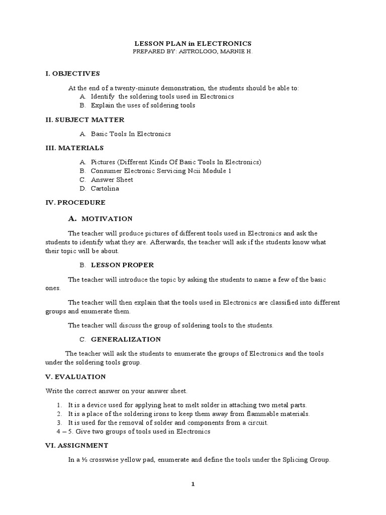Semi-Detailed Lesson Plan in Soldering Tools | PDF
