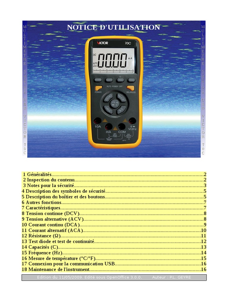 Notice d'utilisation du multimètre VICTOR 70C | PDF | Électromagnétisme ...