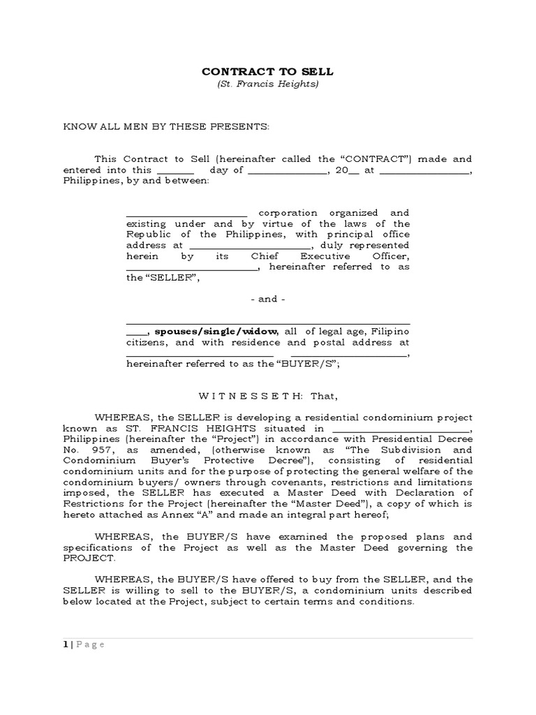 Agreement for the Sale of a Condominium Unit in St. Francis Heights