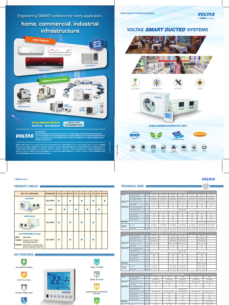Specifications and technical details for a range of ductable split air