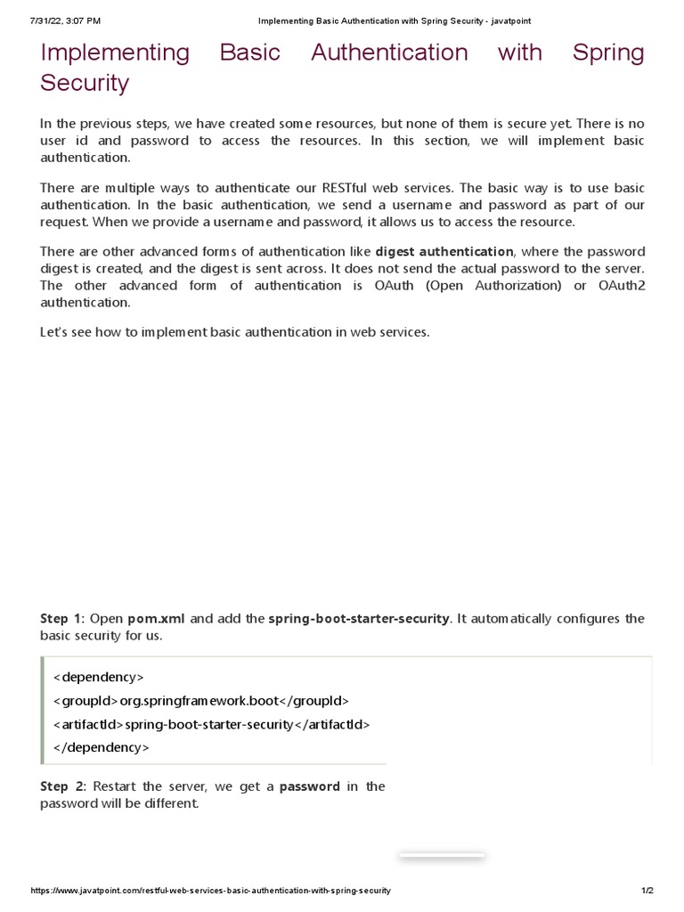 Implementing Basic Authentication With Spring Security | PDF ...