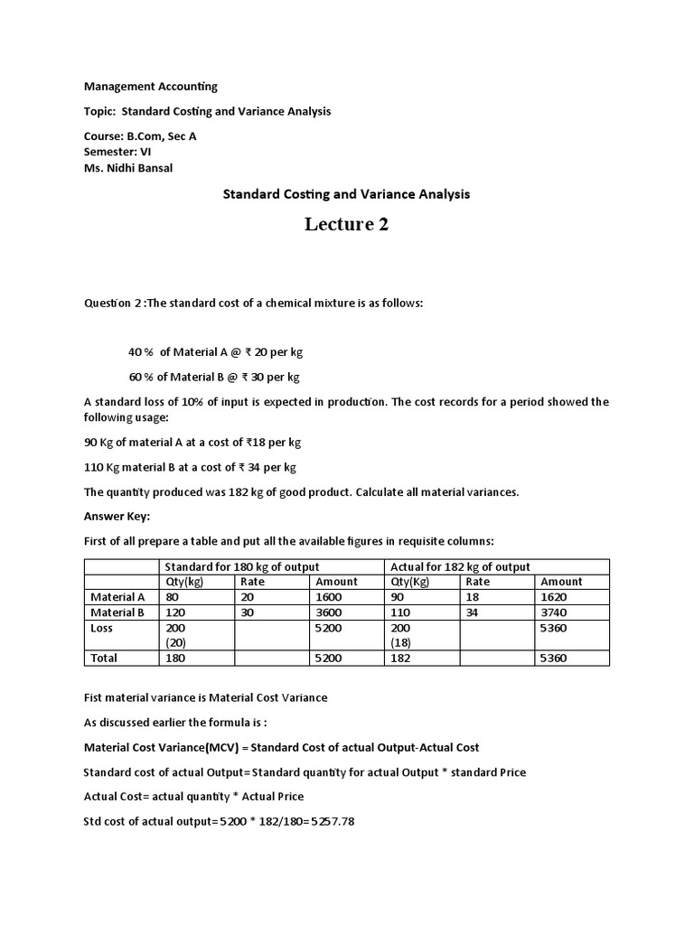 Standard Costing and Variance Analysis | PDF | Variance | Cost