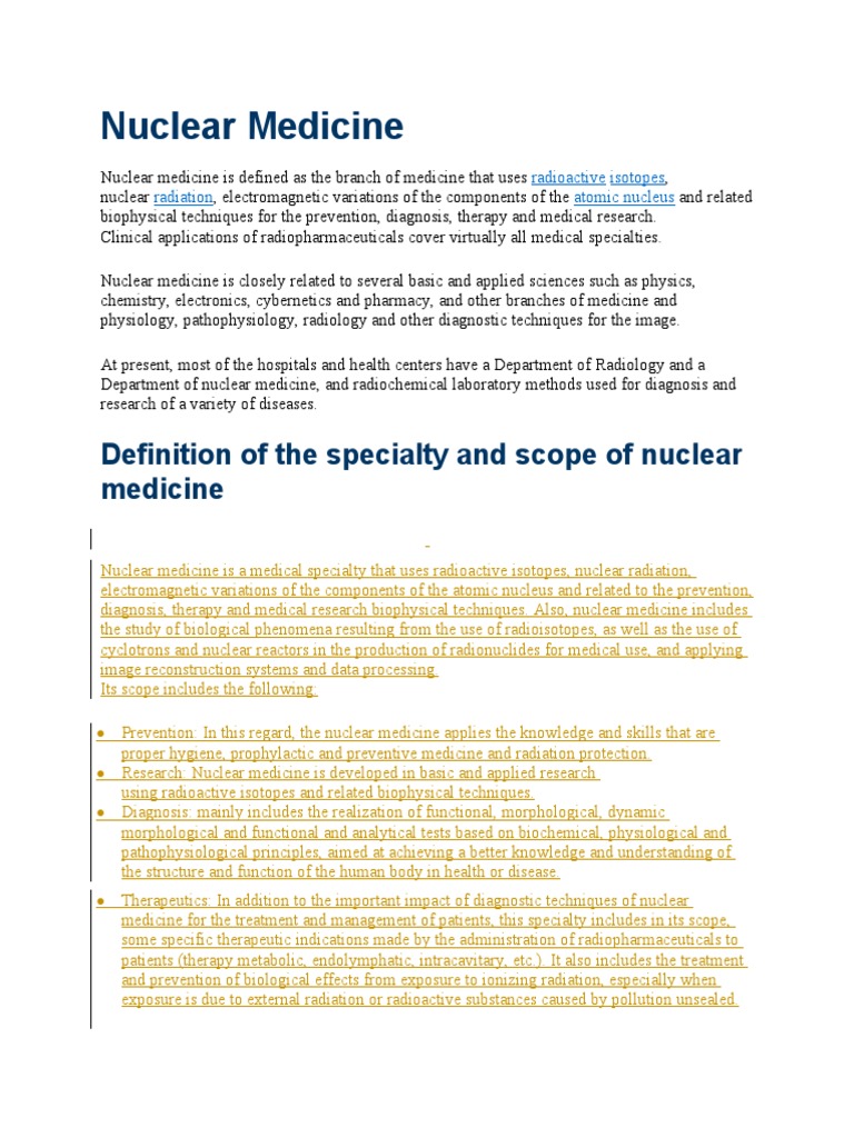 Nuclear Medicine Definition of The Specialty and Scope of Nuclear