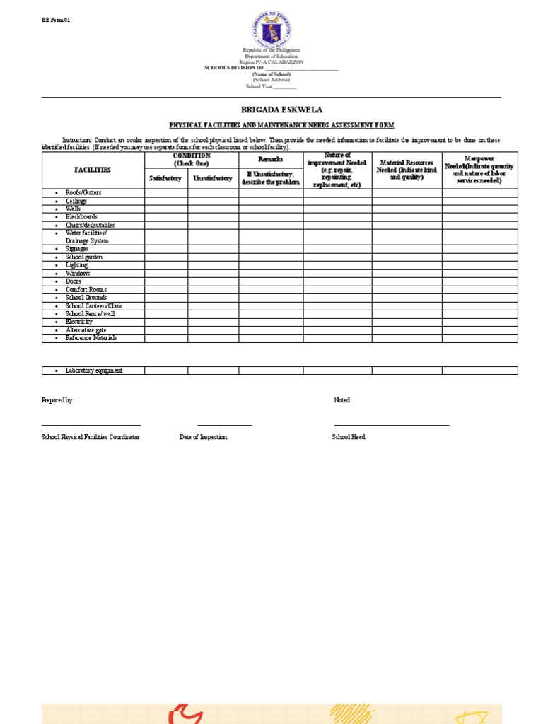 Brigada Eskwela Facilities Assessment Form | PDF