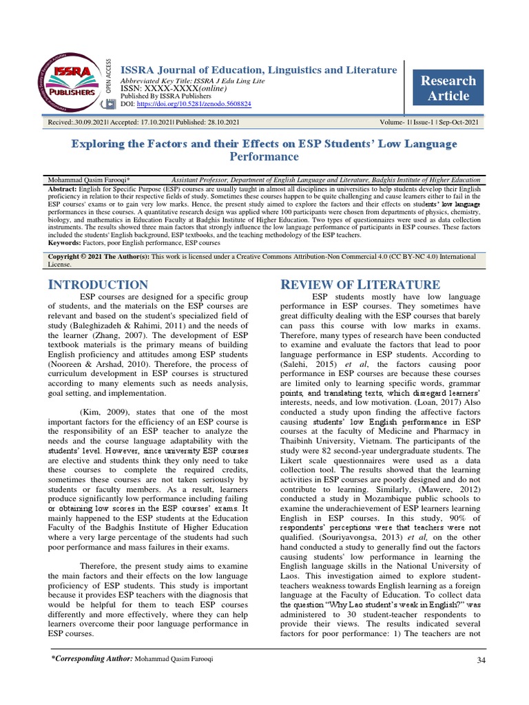 The Factors and Their Effects On ESP Students' Low Language Performance ...