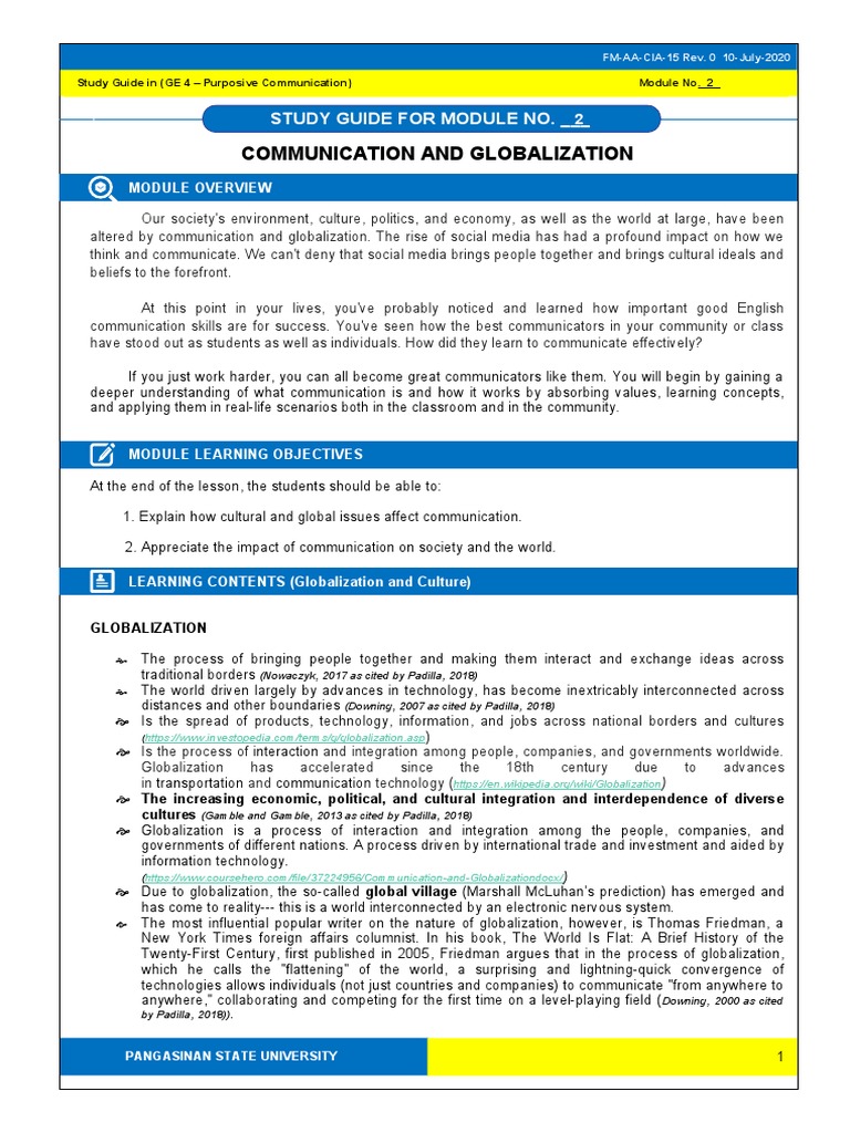 Communication and Globalization: Study Guide For Module No. | PDF ...