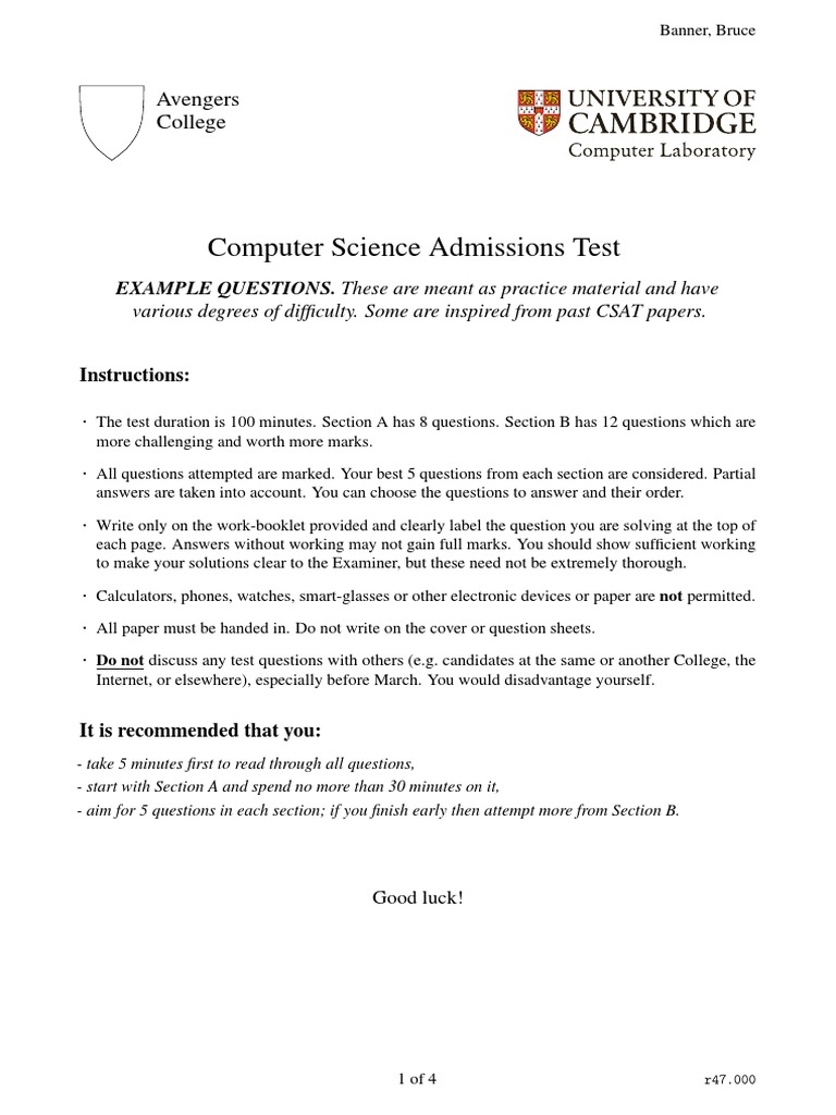 CS Admissions Test Practice Questions | PDF | Test (Assessment) | Triangle