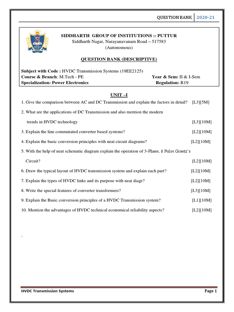 Question Bank HVDC Transmission Systems PDF High Voltage Direct