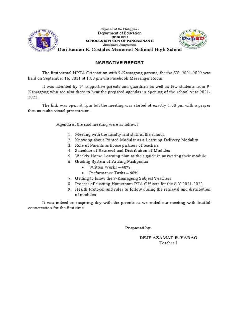 Narrative Report Parents Orientation of 9 Kamagong 2021 2022 | PDF