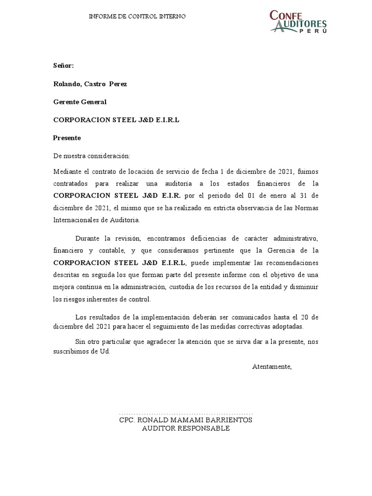 Informe de Auditoría: Control Interno 2021 | PDF | Contabilidad ...