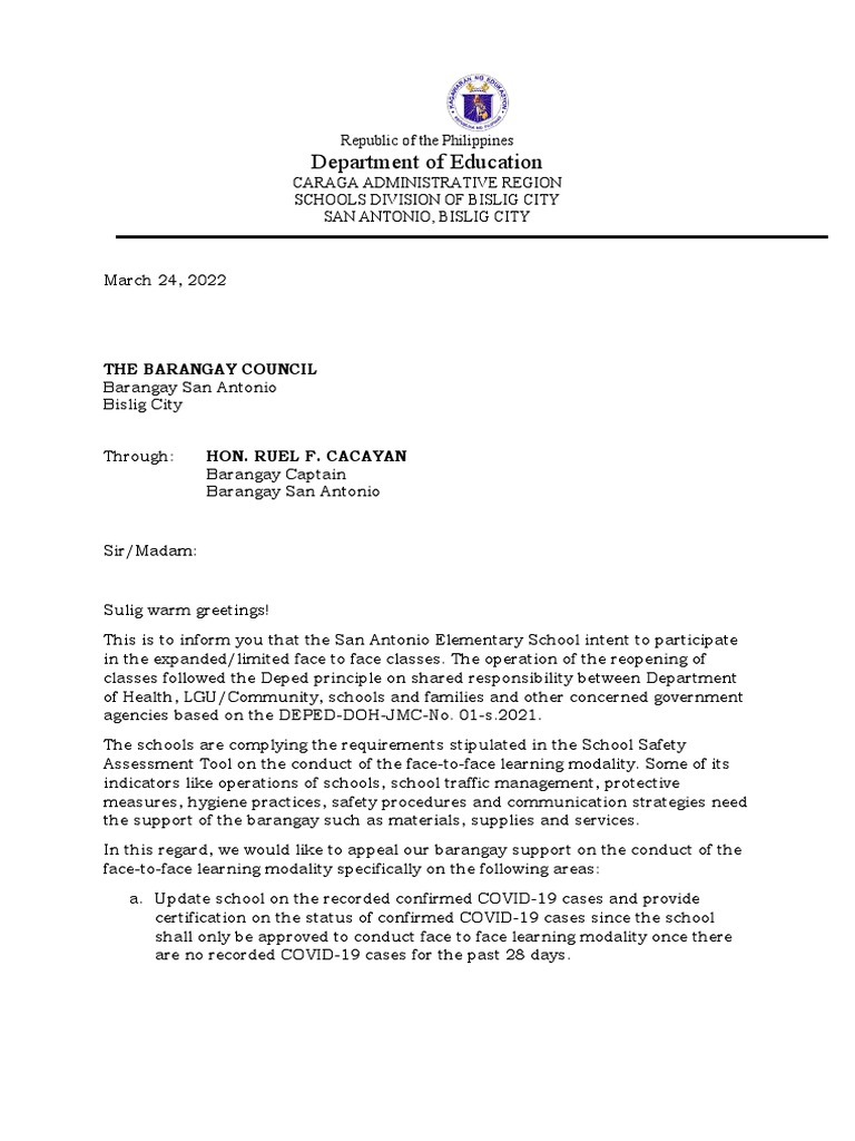 Request for Barangay Support for School | PDF | Health Sciences