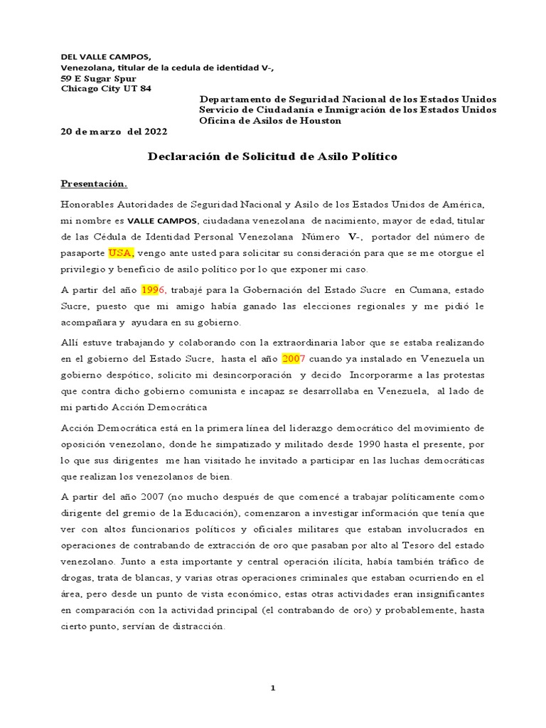 Solicitud de Asilo Político en EE.UU. | PDF | Venezuela | Propiedad