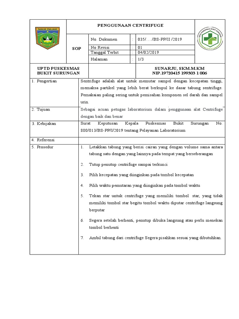Sop Penggunaan Centrifuge PDF