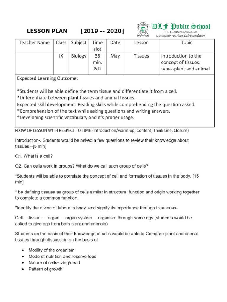 Lesson Plan Tissue PDF