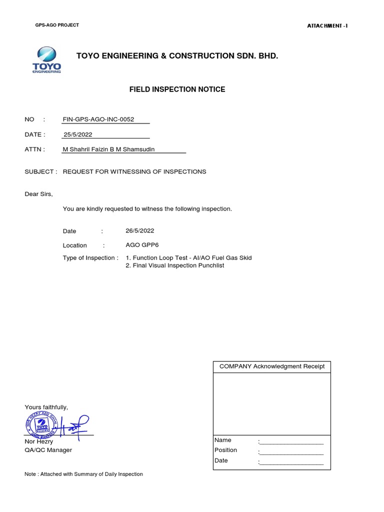 Toyo Engineering & Construction Sdn. BHD. Field Inspection Notice PDF