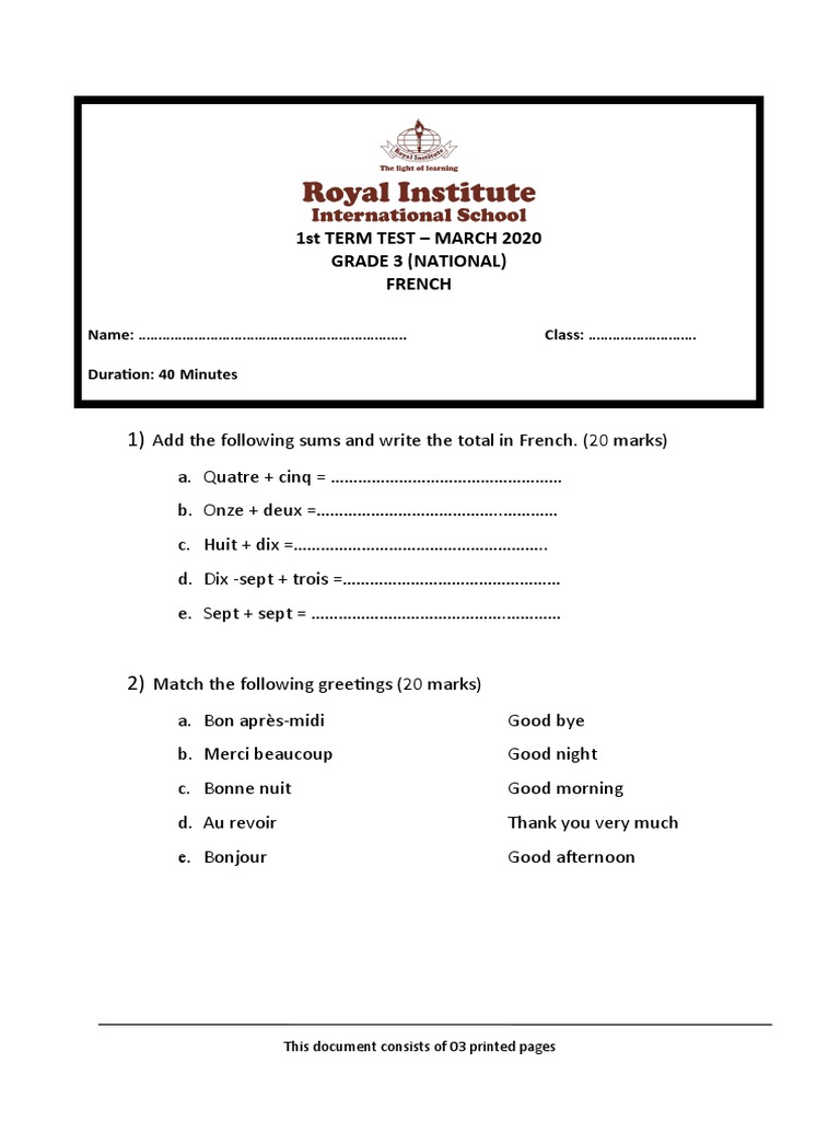 Grade 3 French Test - 1st Term 2020 | PDF