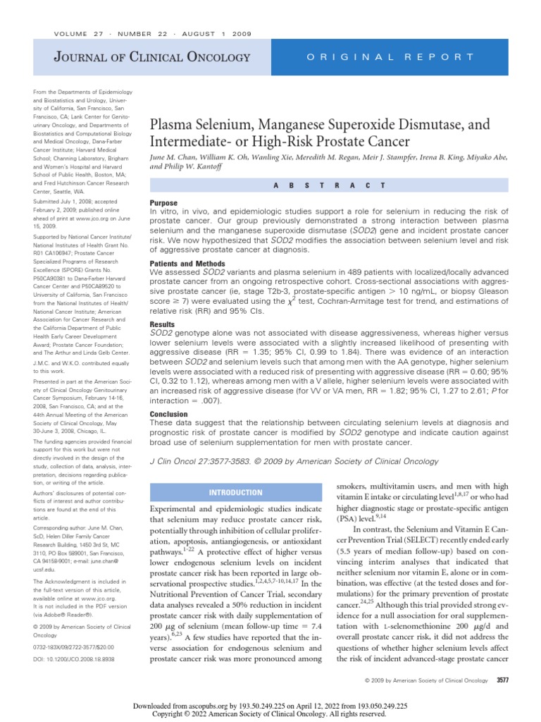 Plasma Selenium, Manganese Superoxide Dismutase, and Intermediate or