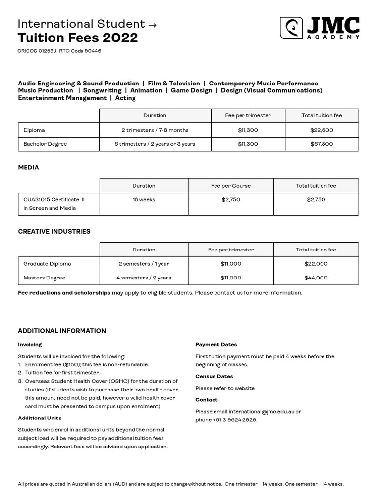 Tuition Fees 2022 International Student PDF Fee