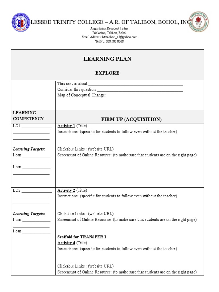 Blessed Trinity College - A.R. of Talibon, Bohol, Inc.: Learning Plan ...