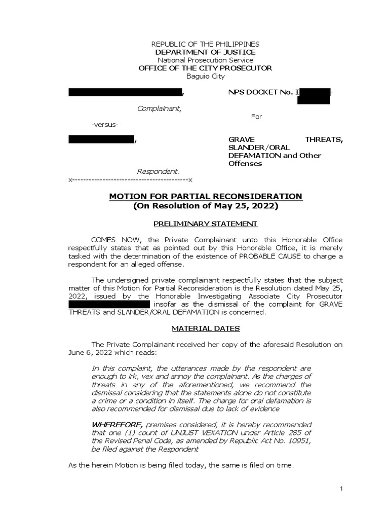 Motion for Reconsideration PDF Defamation Probable Cause