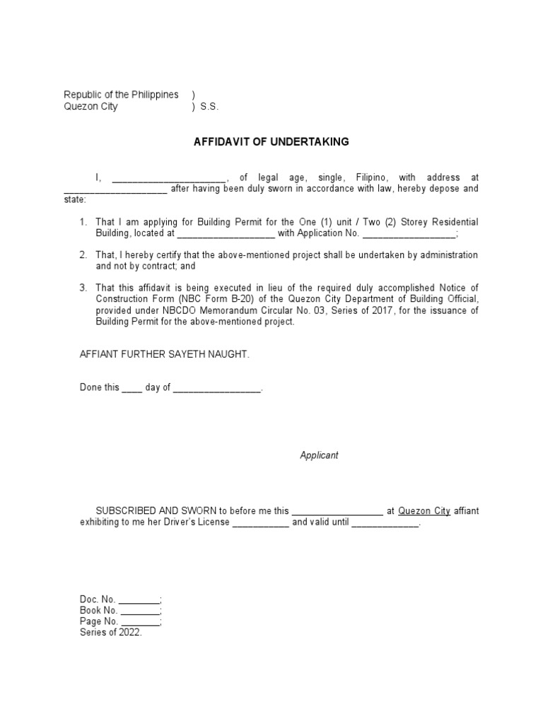 Affidavit of Undertaking (BLDG Permit) PDF