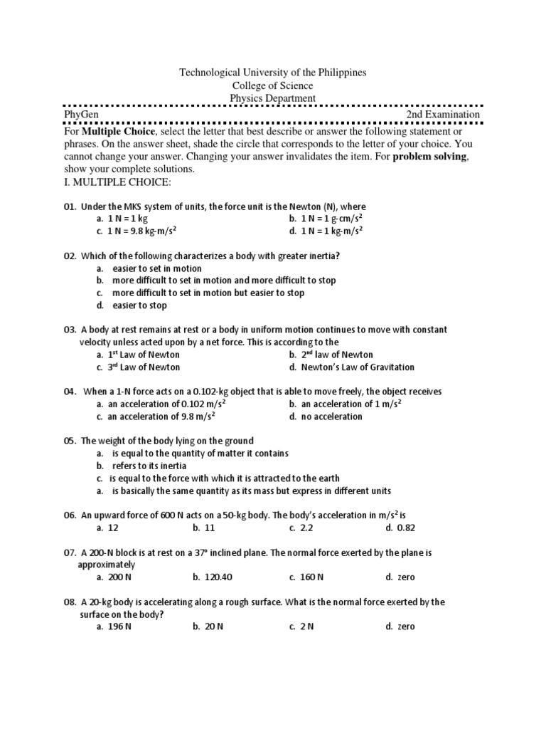 Genphysics Lec 2nd Exam 2nd Sem | PDF | Force | Acceleration