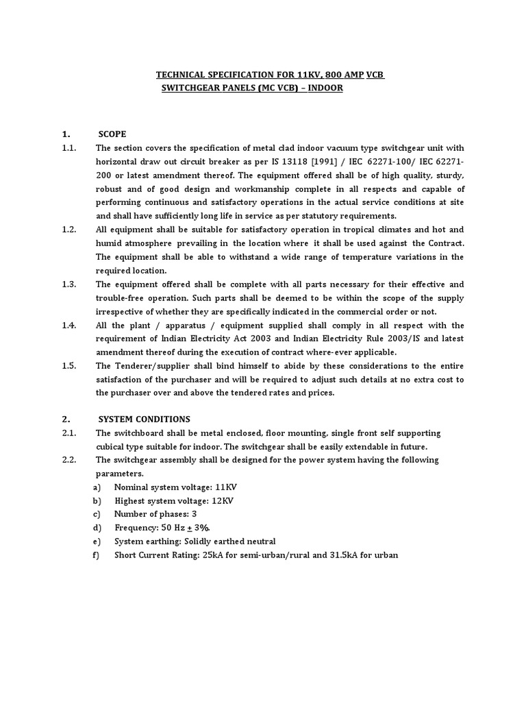 11kV Indoor VCB Switchgear Specification | PDF | Electrical Wiring ...