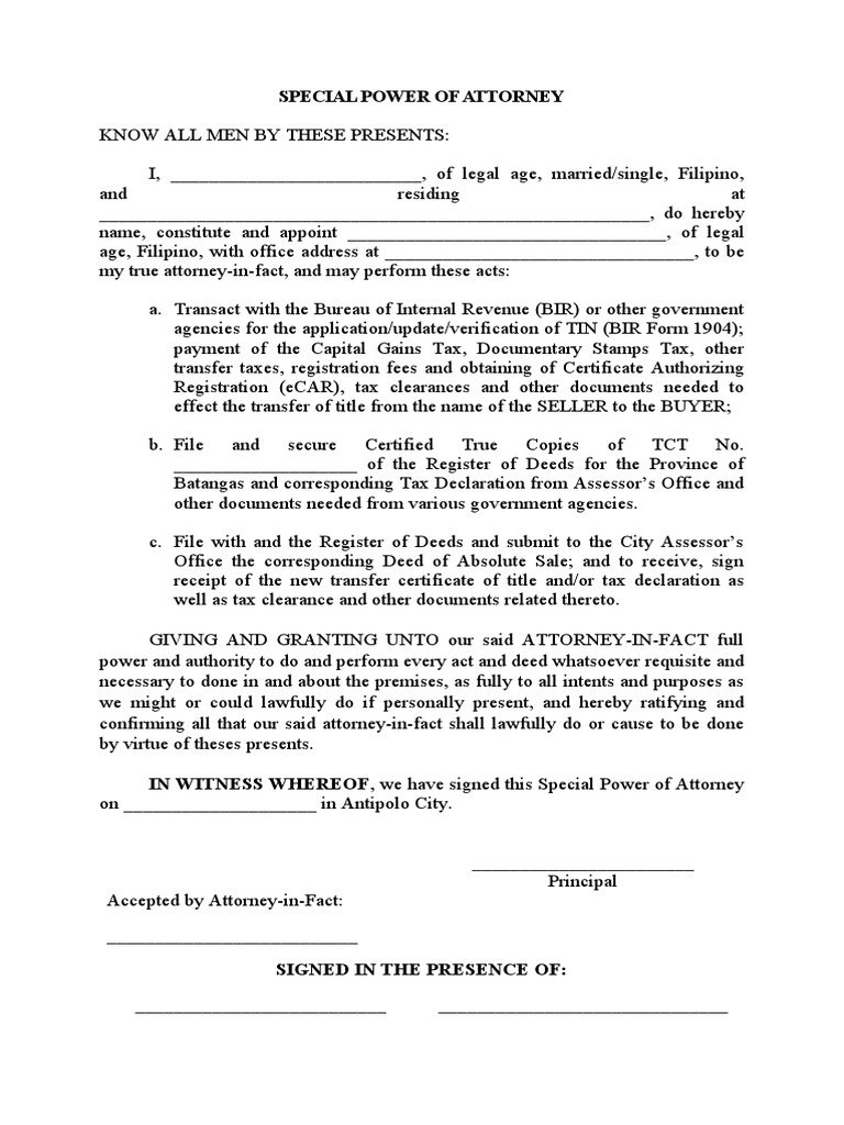Spa bir transaction pdf power of attorney taxes