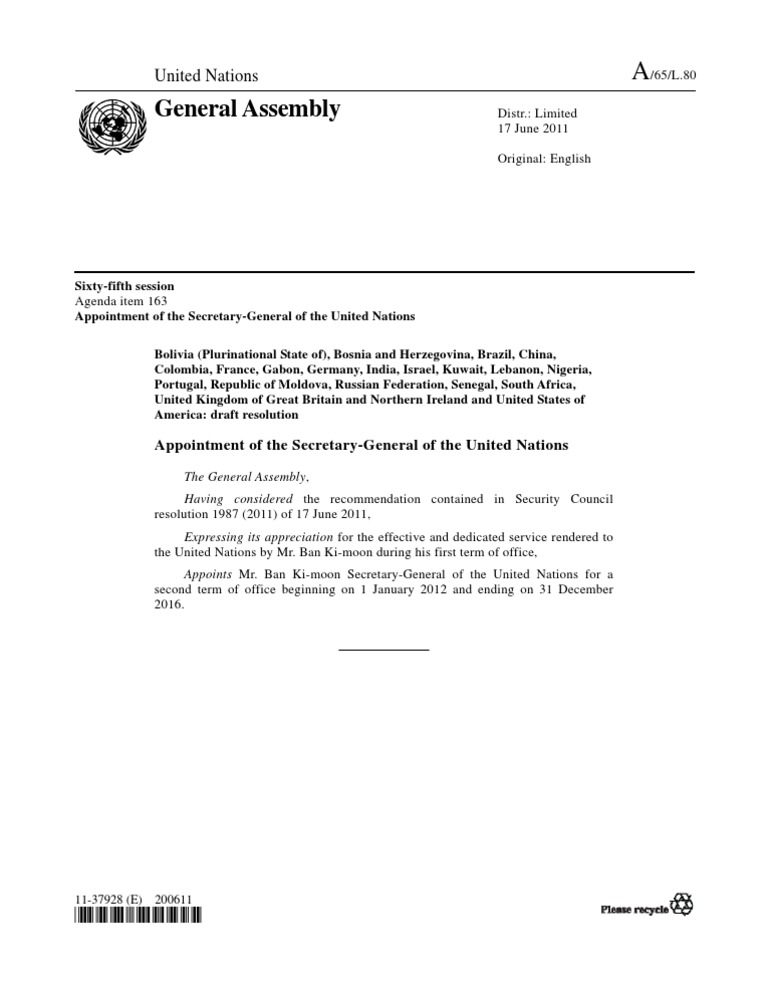United Nations Resolution N1137928 | PDF | Secretary General Of The ...