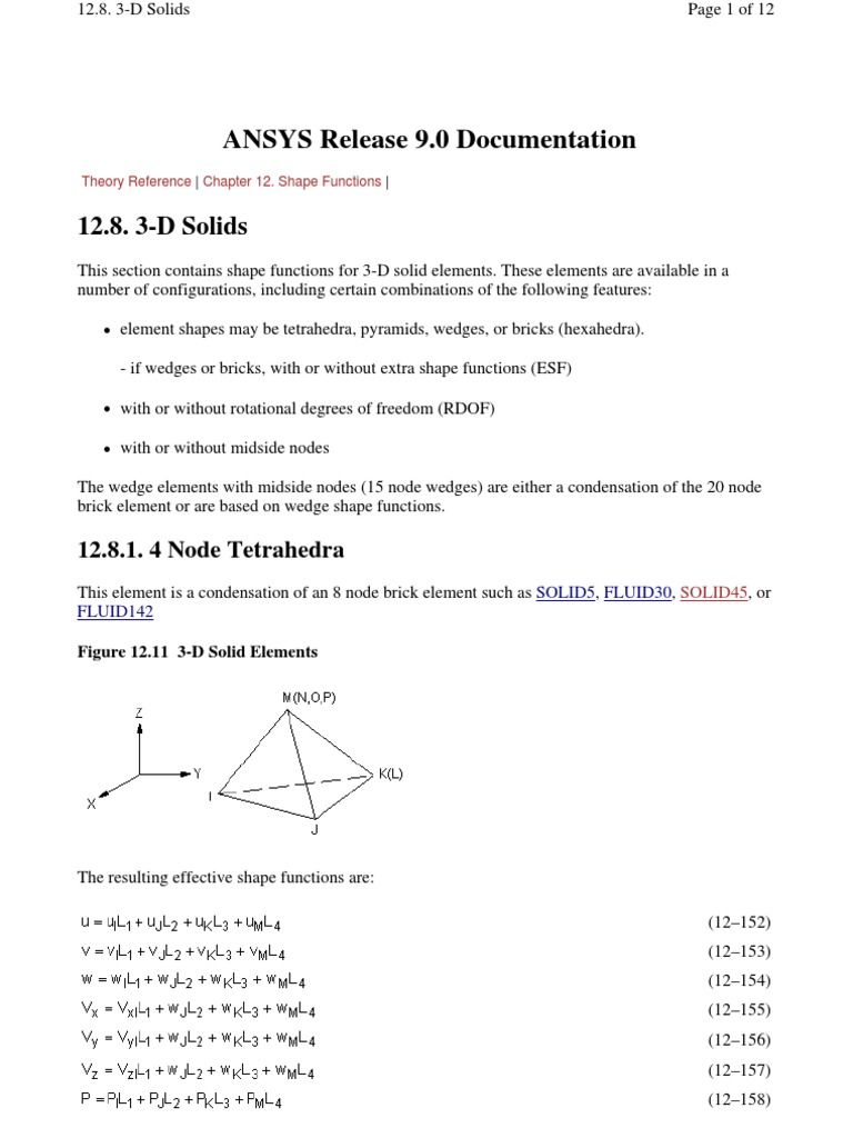 Shape Functions for ANSYS Solid186 | PDF | Tetrahedron | Theoretical ...