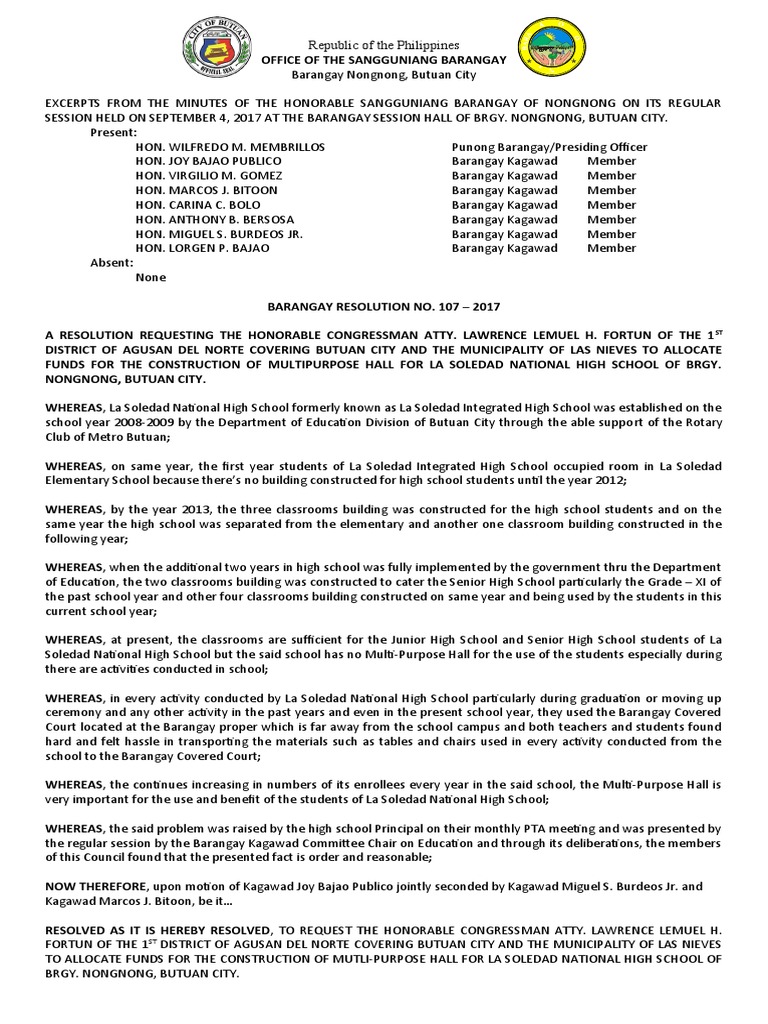 Resolution For Multi-Purpose Hall For LSNHS | PDF