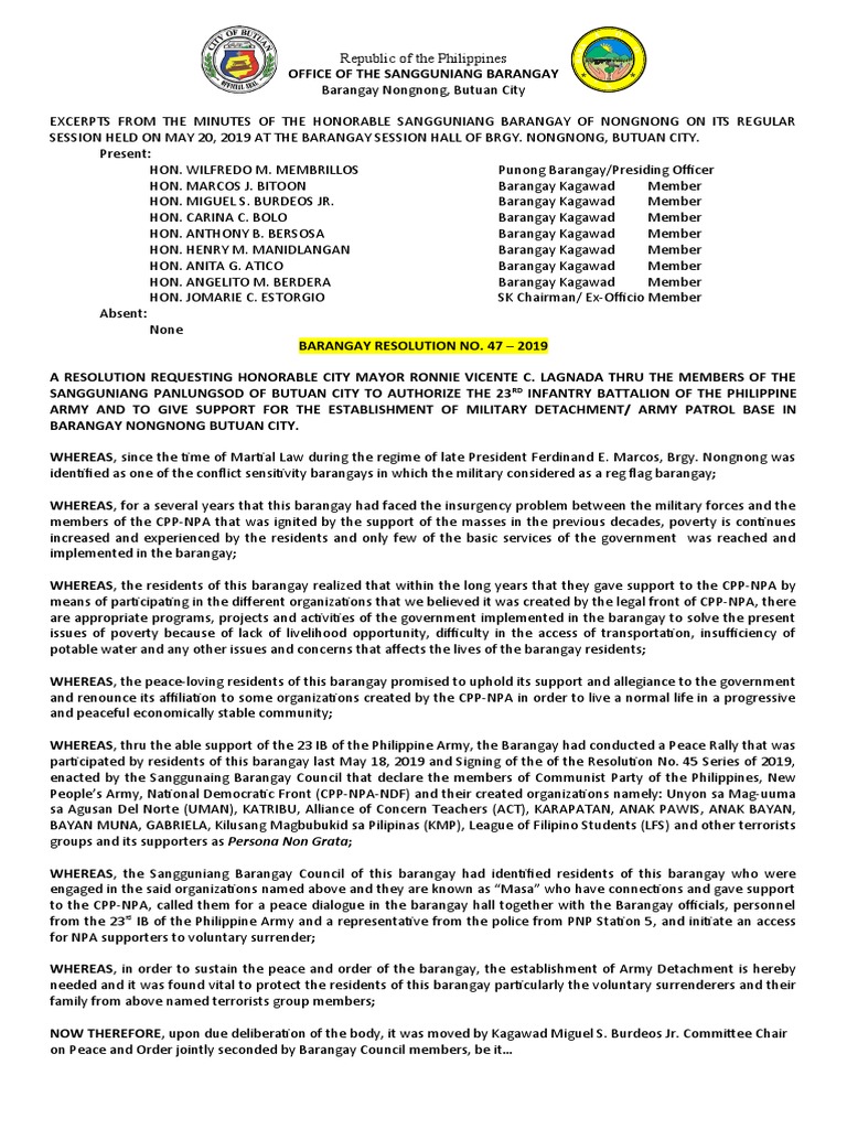 Resolution for Army Detachment in Nongnong | PDF | Philippines