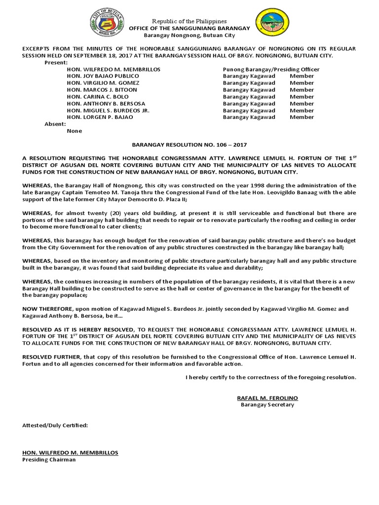 Resolution Request To Hon. Lawrence Fortun For Construction of New ...