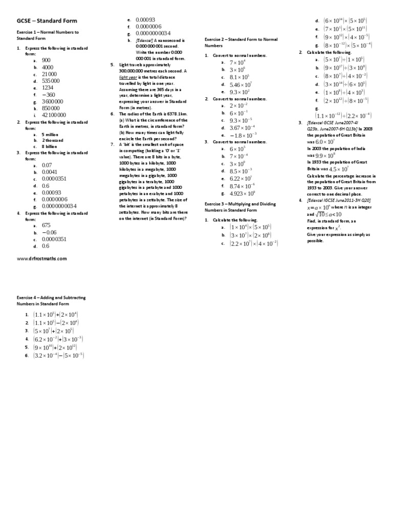 GCSE Standard Form Exercise 1 Normal Numbers To Standard Form