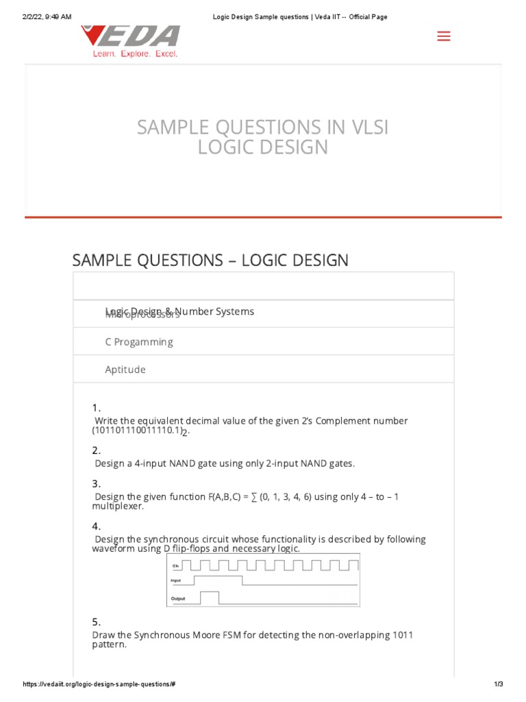 Logic Design Sample Questions Veda IIT Official Page PDF Logic